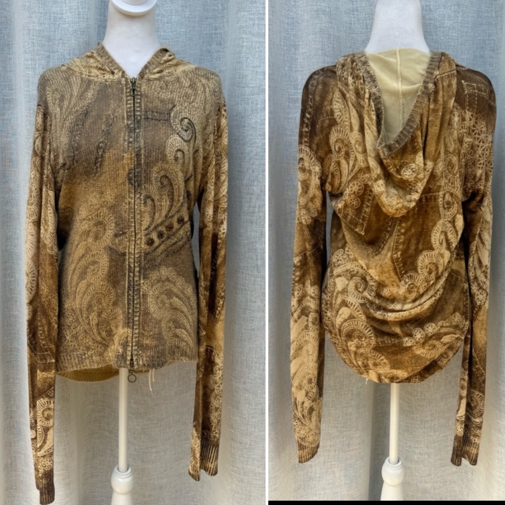Y2k Vertigo Paris Brown Tan Paisley Hooded Jacket With Beads